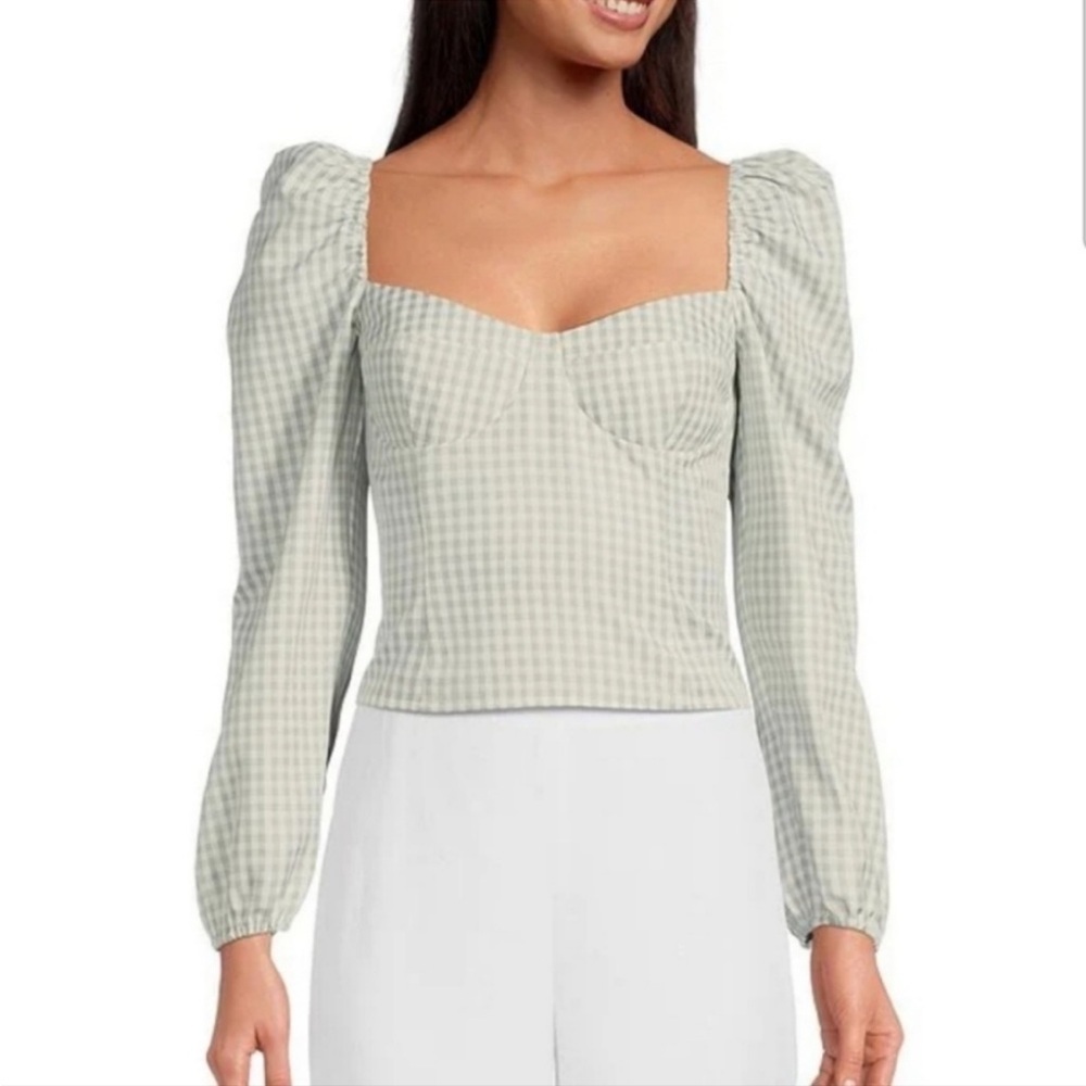 GIANNI BINI Kelsi Gingham Bustier Top in Moss Green Ivory Puff Long Sleeve NEW